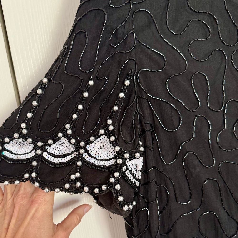 Vintage Laurence Kazar Black White Beaded Silk Top - Picture 5 of 8